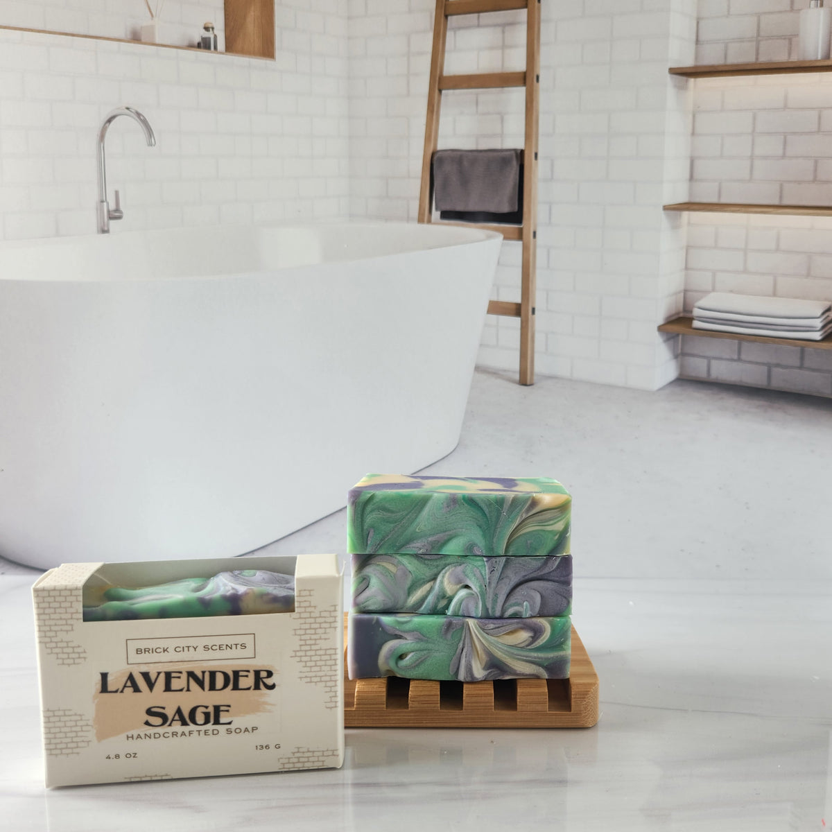Brick City Scents lavender sage handcrafted soap bars, stacked on a wooden soap rack.