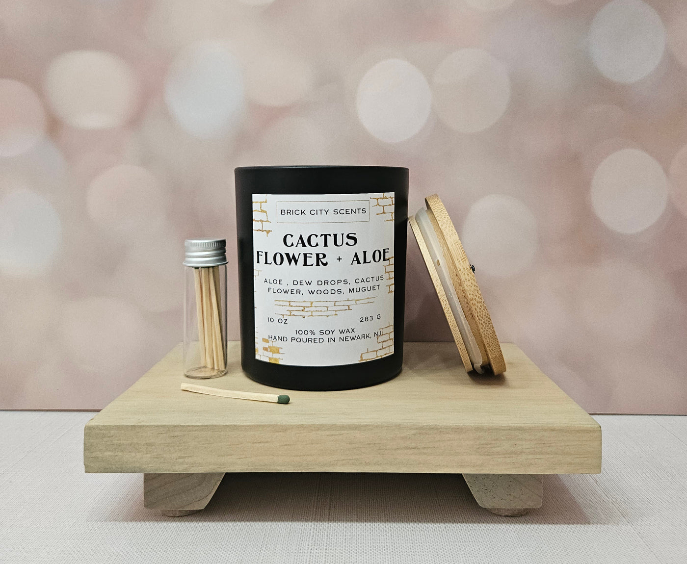 Brick City Scents Cactus Flower and Aloe Candle, 10 oz soy wax, with matches and bamboo lid.