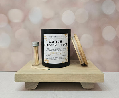 Brick City Scents Cactus Flower and Aloe Candle, 10 oz soy wax, with matches and bamboo lid.