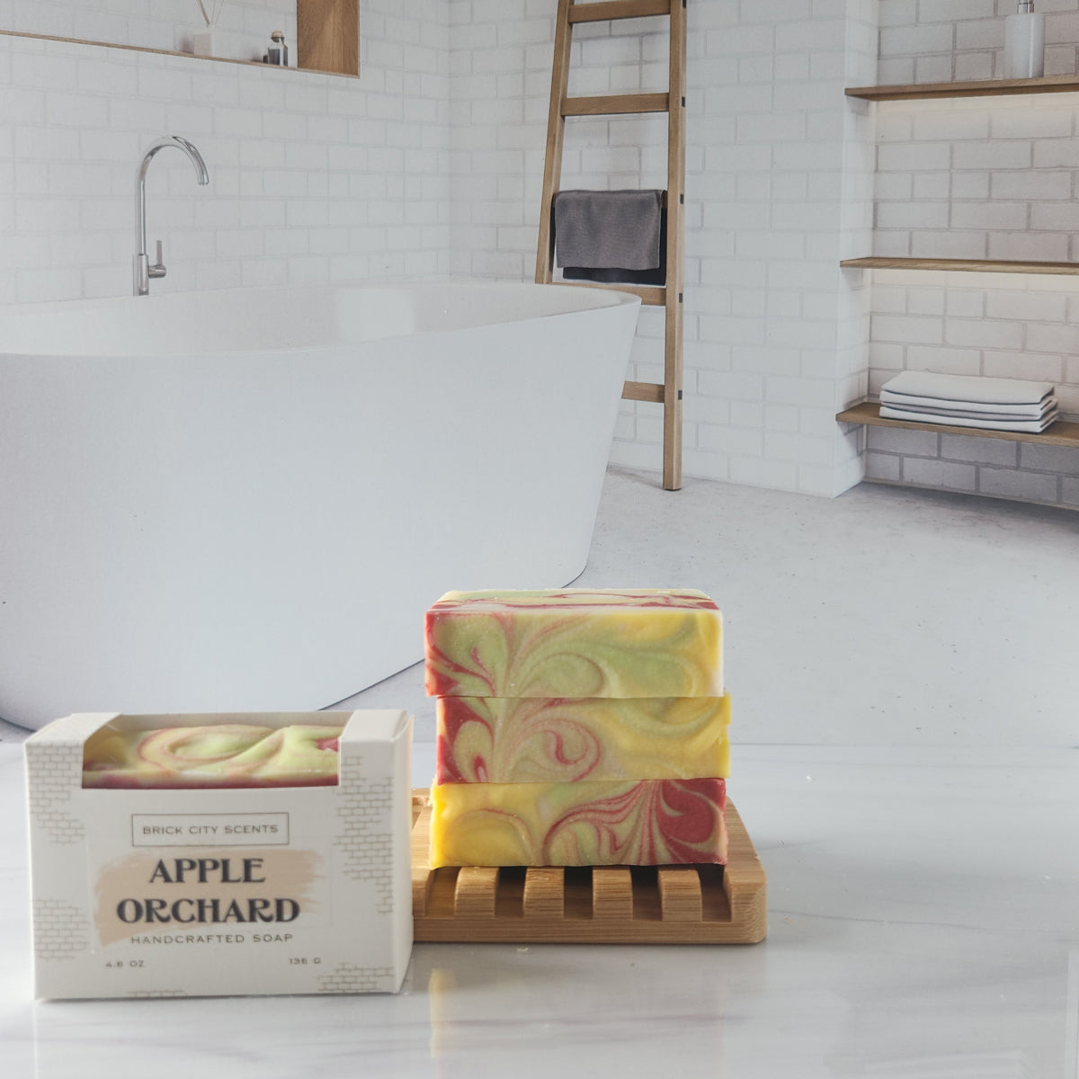 Brick City Scents Apple Orchard handmade soap bars stacked on a wooden holder.