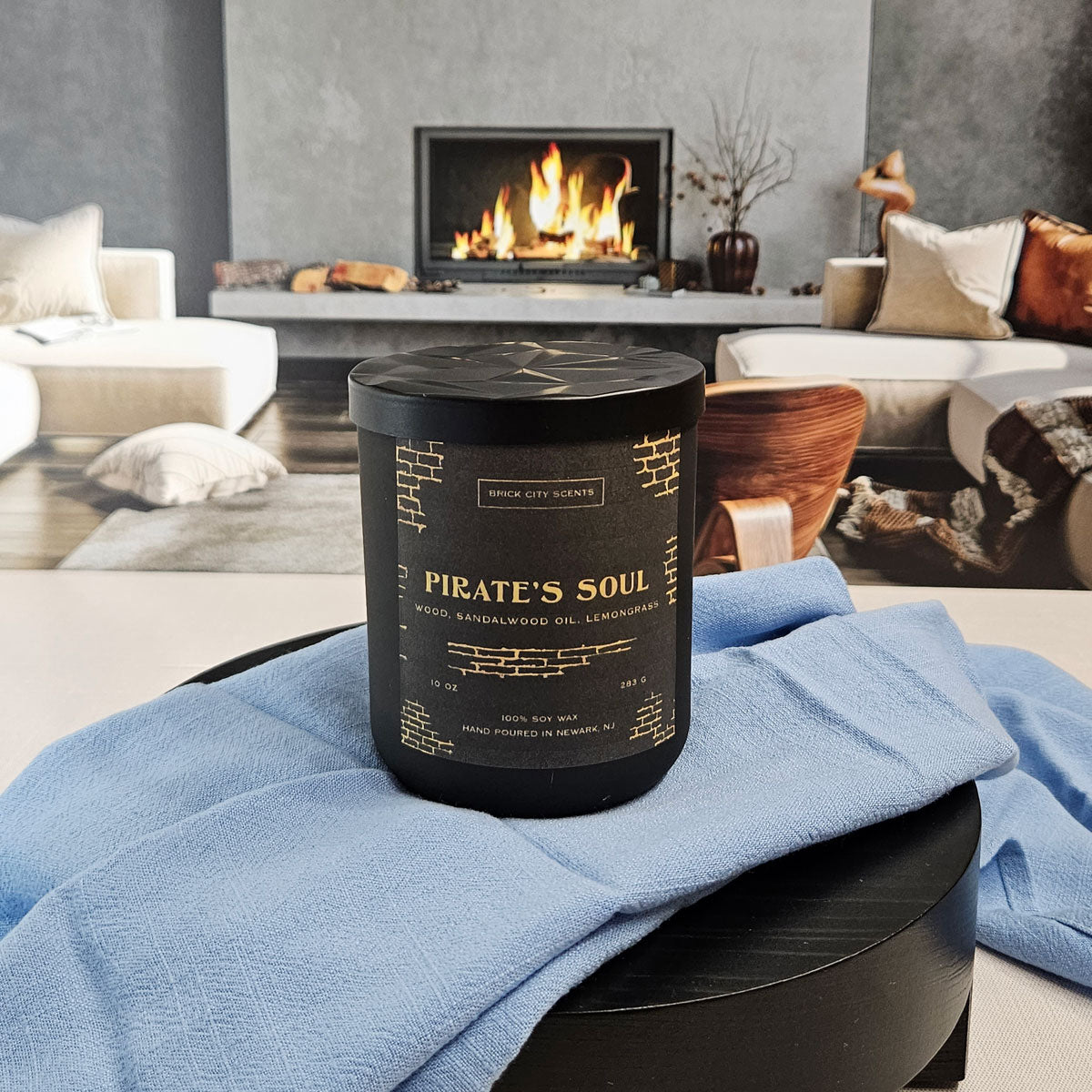 Pirate's Soul 10 ounce candle with scents of rich wood, sandalwood, and a burst of lemongrass.
