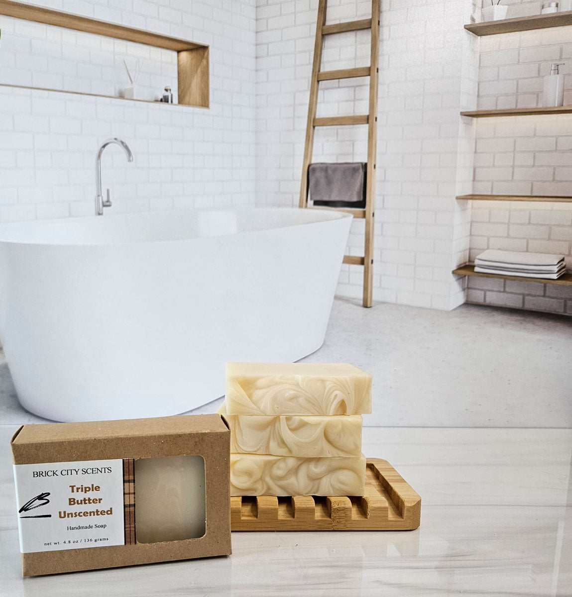 Brick City Scents Triple Butter Unscented handmade soap stack with recyclable packaging and soap dish.