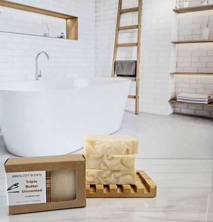 Brick City Scents Triple Butter Unscented handmade soap stack with recyclable packaging and soap dish.